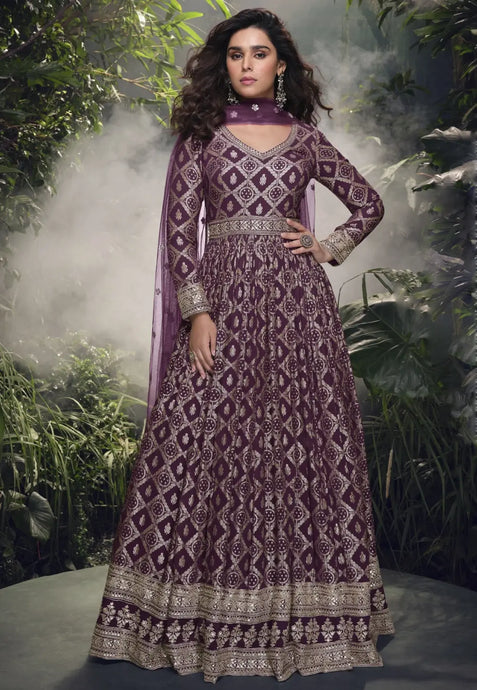 Intricate Embroidered Purple Anarkali Gown