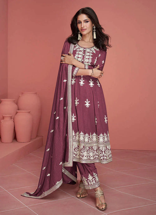Lavender Pink Silk Embroidered Pant Style Suit