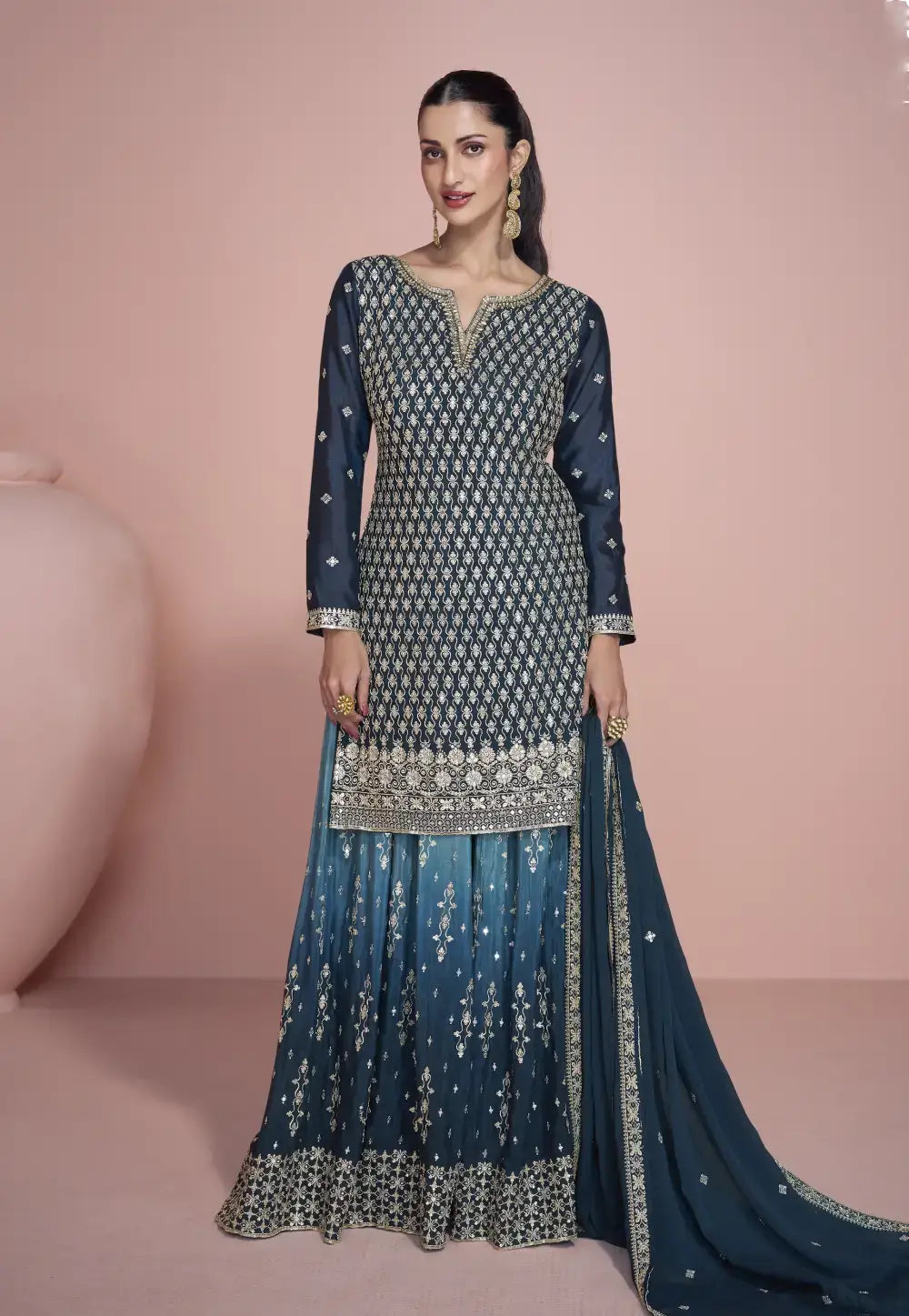 Lavish Embroidered Navy Blue Sharara Suit – Fashneo