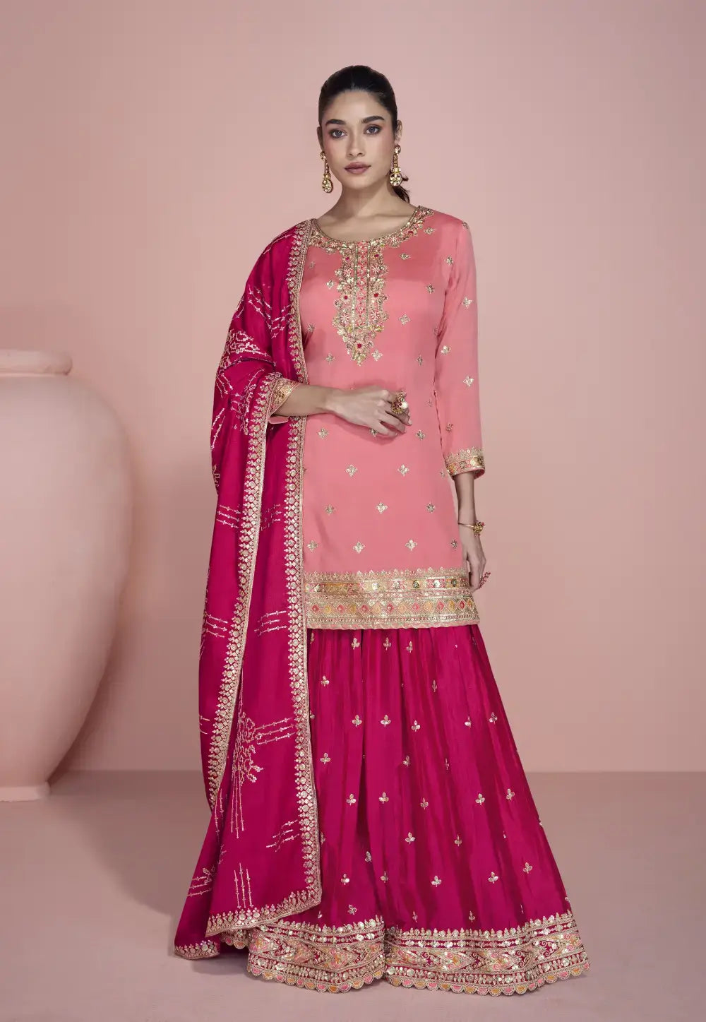 Lavish Embroidered Peach-Pink Sharara Suit