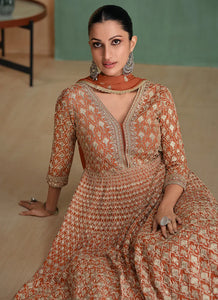 Lavish Embroidered Rust Anarkali Gown