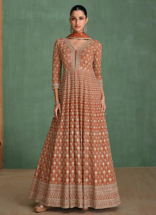 Lavish Embroidered Rust Anarkali Gown