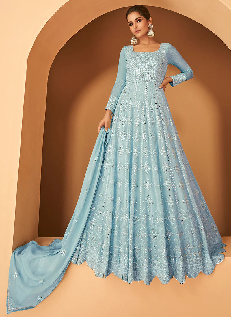 Light Blue Heavy Embroidered Anarkali Suit - Stylish Anarkali Blue / Thread / Georgette Light Blue Heavy Embroidered Anarkali Suit - Stylish Anarkali Blue / Thread / Georgette