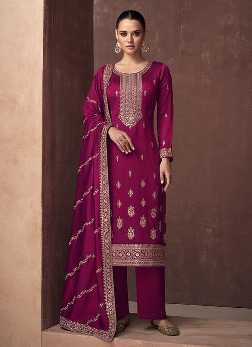 Magenta and Gold Embroidered Stylish Pant Suit