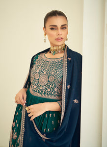 Mesmerizing Green and Blue Embroidered Sharara Suit