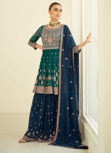 Mesmerizing Green and Blue Embroidered Sharara Suit