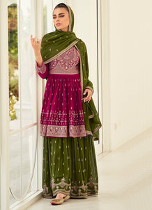 Mesmerizing Magenta and Green Embroidered Sharara Suit