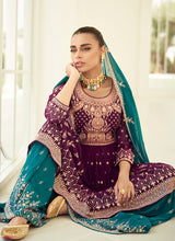 Load image into Gallery viewer, Mesmerizing Purple and Teal Embroidered Sharara Suit

