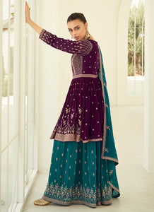 Mesmerizing Purple and Teal Embroidered Sharara Suit