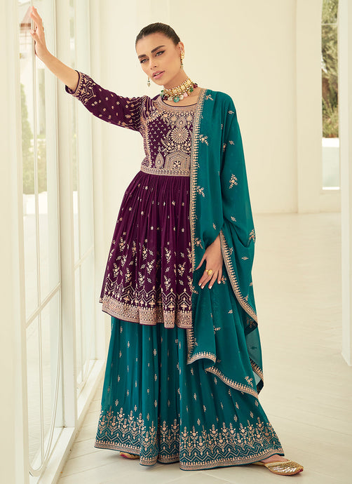 Mesmerizing Purple and Teal Embroidered Sharara Suit