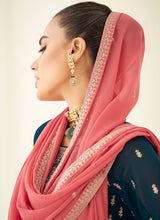 Load image into Gallery viewer, Mesmerizing Teal and Peach Embroidered Sharara Suit
