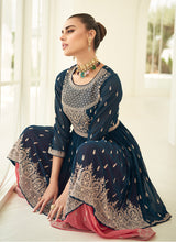 Load image into Gallery viewer, Mesmerizing Teal and Peach Embroidered Sharara Suit
