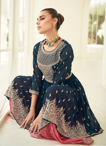 Mesmerizing Teal and Peach Embroidered Sharara Suit