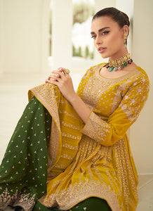 Mesmerizing Yellow and Green Embroidered Sharara Suit