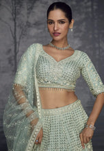 Load image into Gallery viewer, Mint Colour Luxurious Pure Net Handcrafted Lehenga
