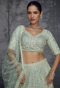 Mint Colour Luxurious Pure Net Handcrafted Lehenga