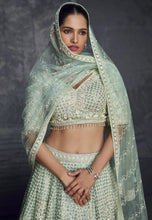 Load image into Gallery viewer, Mint Colour Luxurious Pure Net Handcrafted Lehenga
