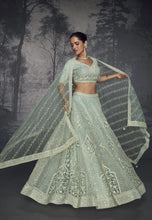 Load image into Gallery viewer, Mint Colour Luxurious Pure Net Handcrafted Lehenga
