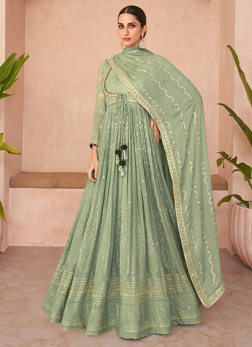Mint Green Lucknowi Embroidered Anarkali Gown