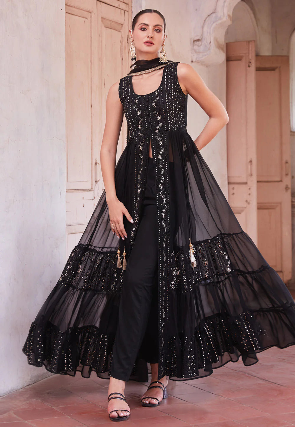 Modern Elegance Black Embroidered Slit Style Anarkali Modern Elegance Black Embroidered Slit Style Anarkali
