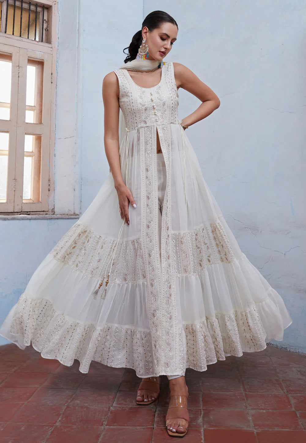 Modern Elegance Off White Embroidered Slit Style Anarkali Modern Elegance Off White Embroidered Slit Style Anarkali