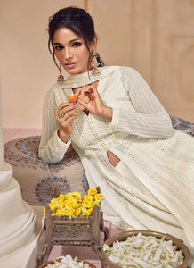 Off-white Ensembled Lucknowi Embroidered Sharara Flare Anarkali 