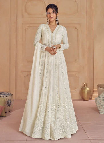 Off-white Ensembled Lucknowi Embroidered Sharara Flare Anarkali 