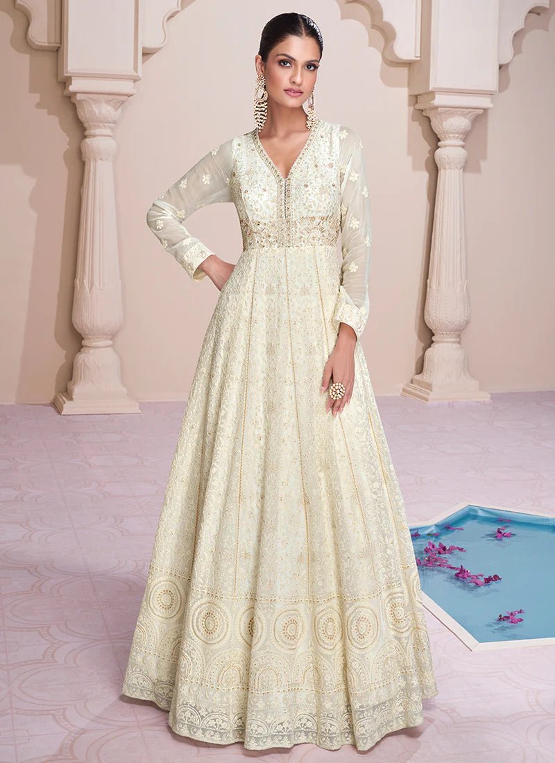 sleeves designs for anarkali dress Off White Lucknowi Work Designer Anarkali Suit