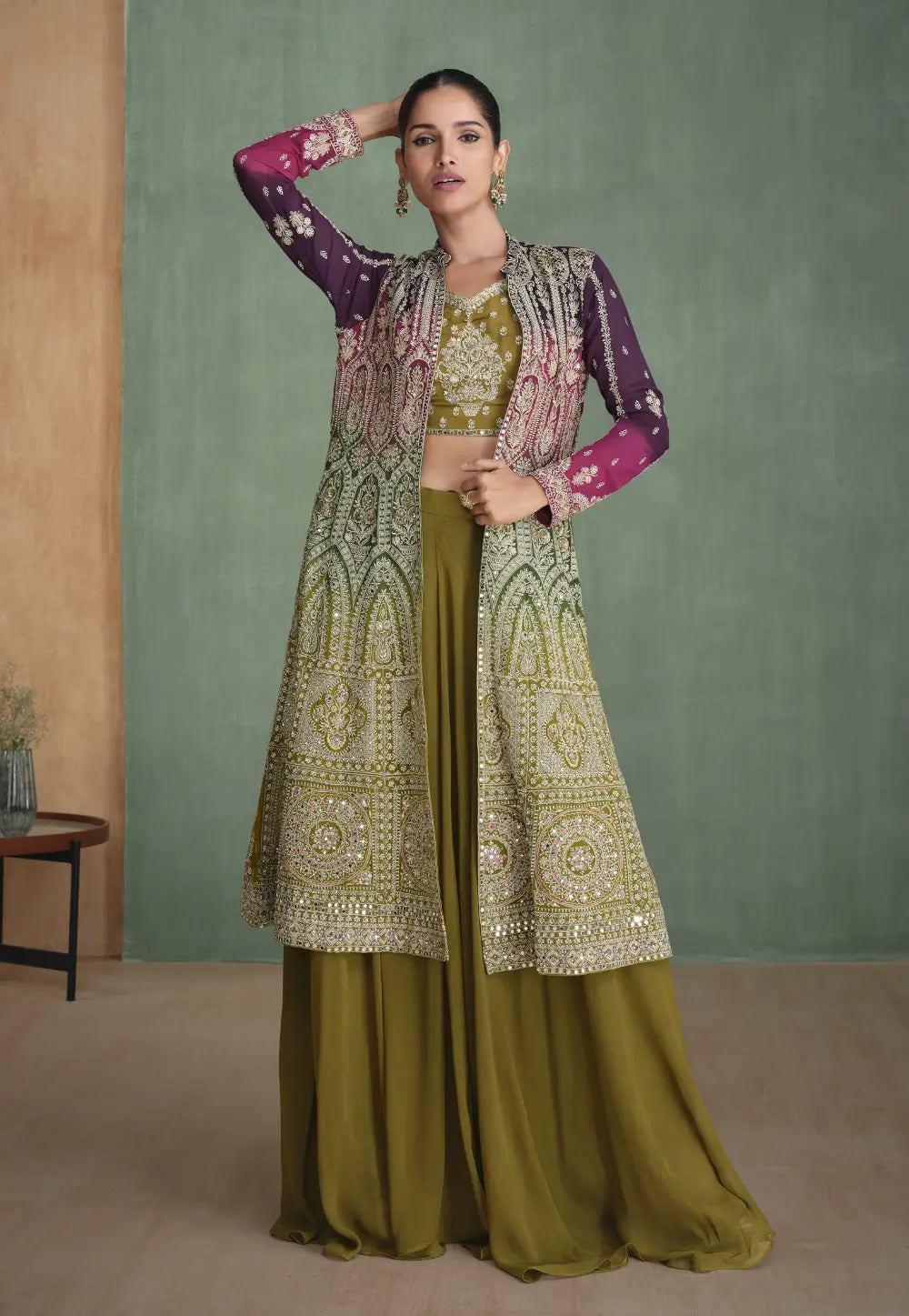 Olive Multicolor Sharara Suit with Exquisite Detailing