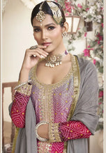 Load image into Gallery viewer, Opulent Embroidered Grey-Pink Palazzo Suit
