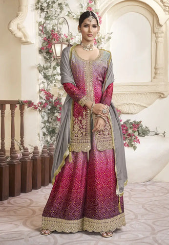 Opulent Embroidered Grey-Pink Palazzo Suit