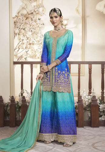 Opulent Embroidered Sky-Blue Palazzo Suit