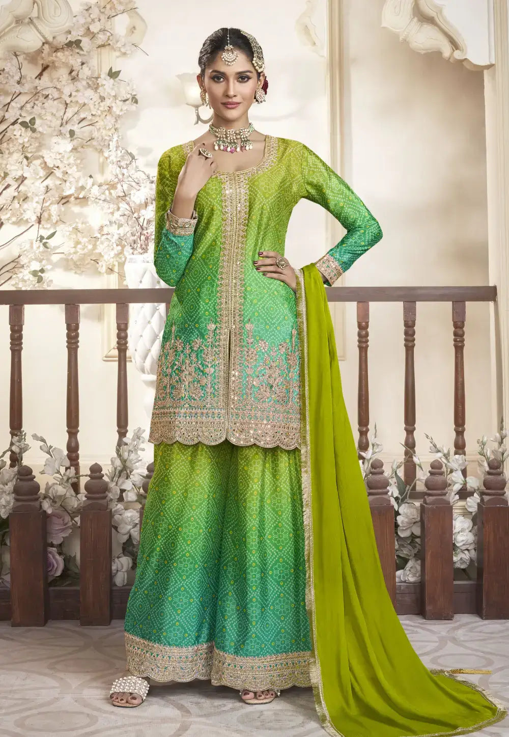 Opulent Embroidered Yellow-Green Palazzo Suit