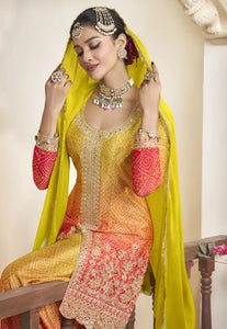 Opulent Embroidered Yellow-Orange Palazzo Suit