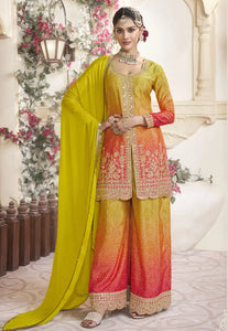 Opulent Embroidered Yellow-Orange Palazzo Suit