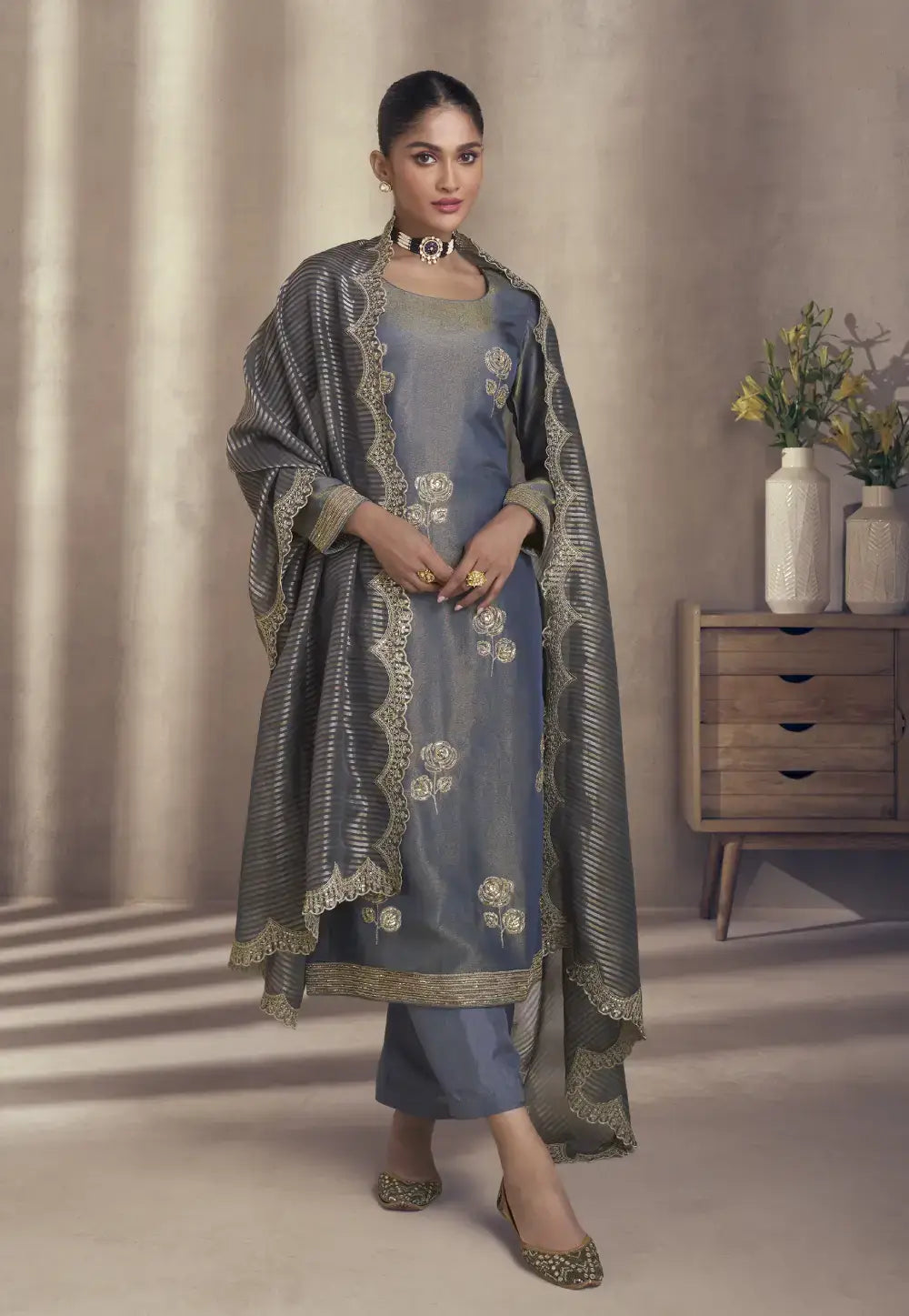 Opulent Grace Embroidered Grey Pant Style Suit