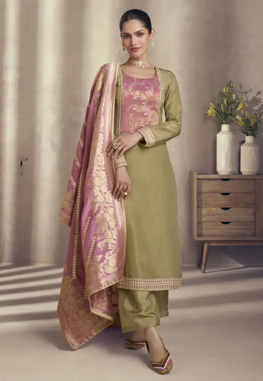 Opulent Grace Embroidered Olive Green Pant Style Suit