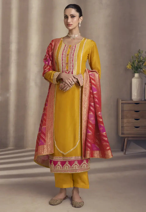 Opulent Grace Embroidered Yellow Pant Style Suit