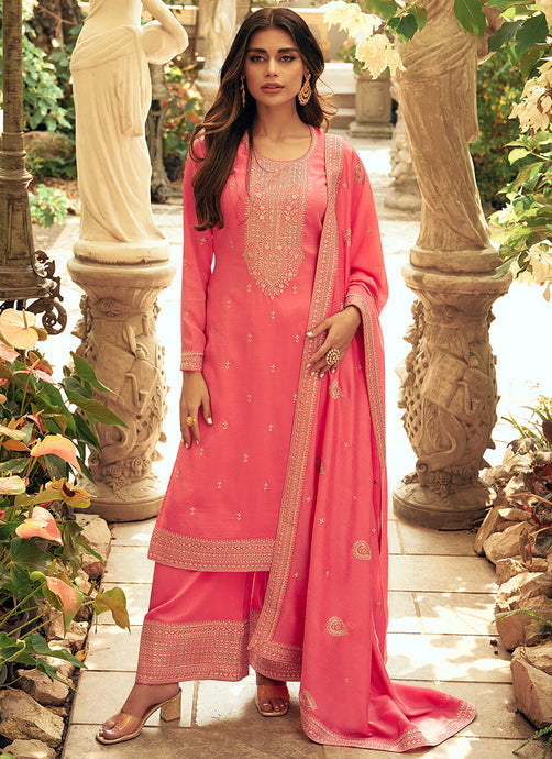 Peach Colour Embroidered Pant Style Suit