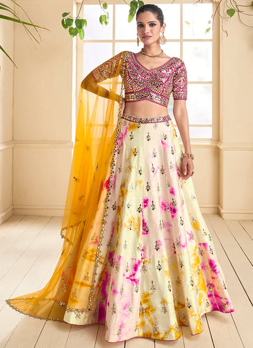 Pink Multi Colour Floral Printed Designer Embroidered Lehenga Choli