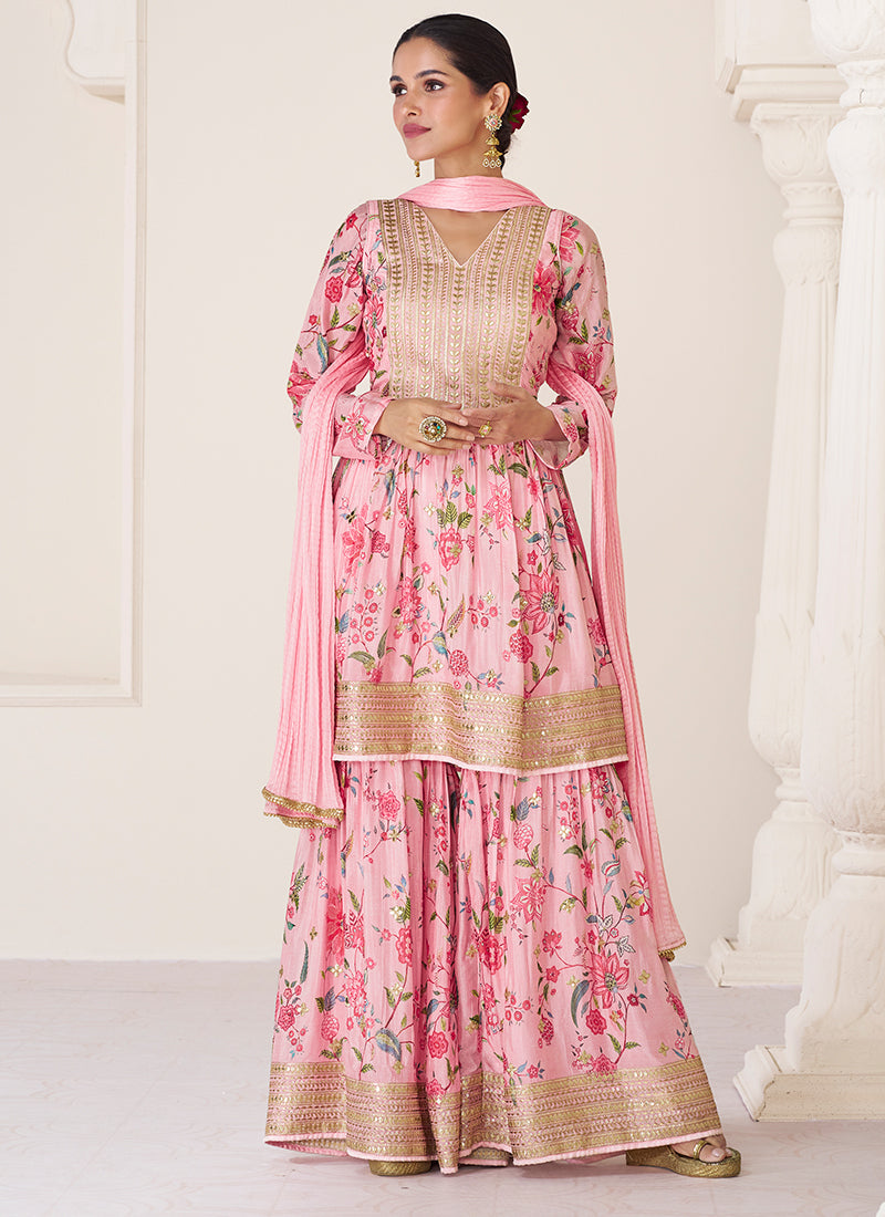 Pink Multi Colour Printed Floral Gharara Style Suit