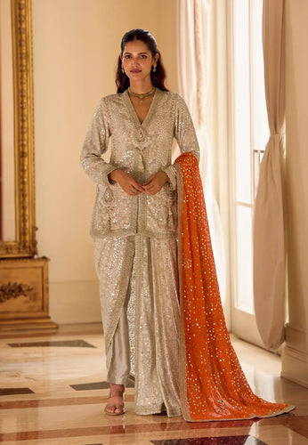 Premium Georgette Orange Heavy Hand-Embroidered Dhoti Set