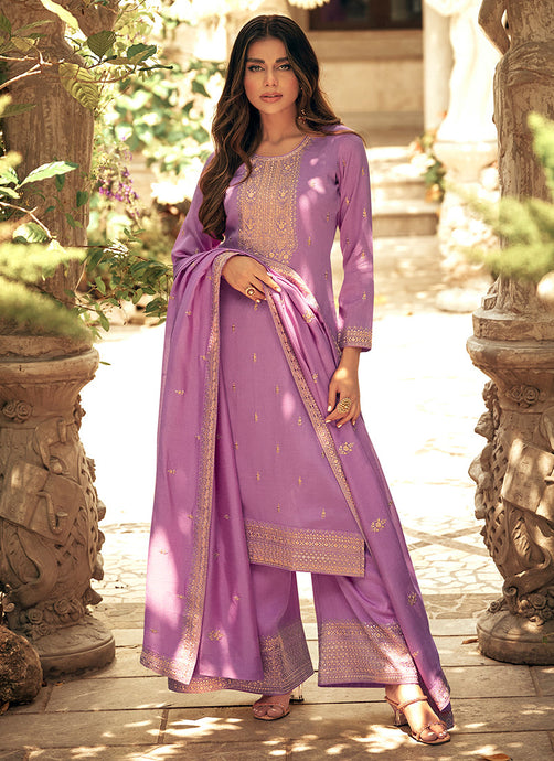 Purple Colour Embroidered Pant Style Suit