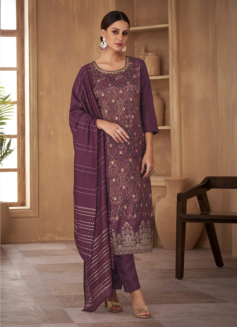 Purple Embroidered Stylish Pant Style Suit