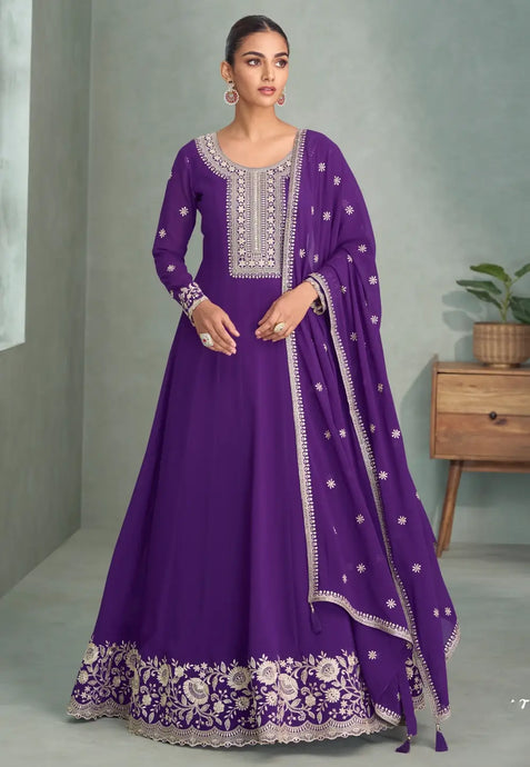 Purple Real Georgette Anarkali Suit with Embroidery