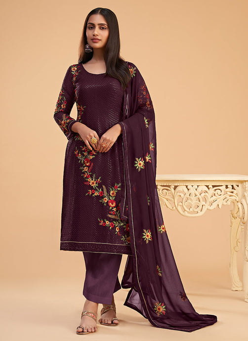 Purple Sequins Embroidered Pant Style Suit