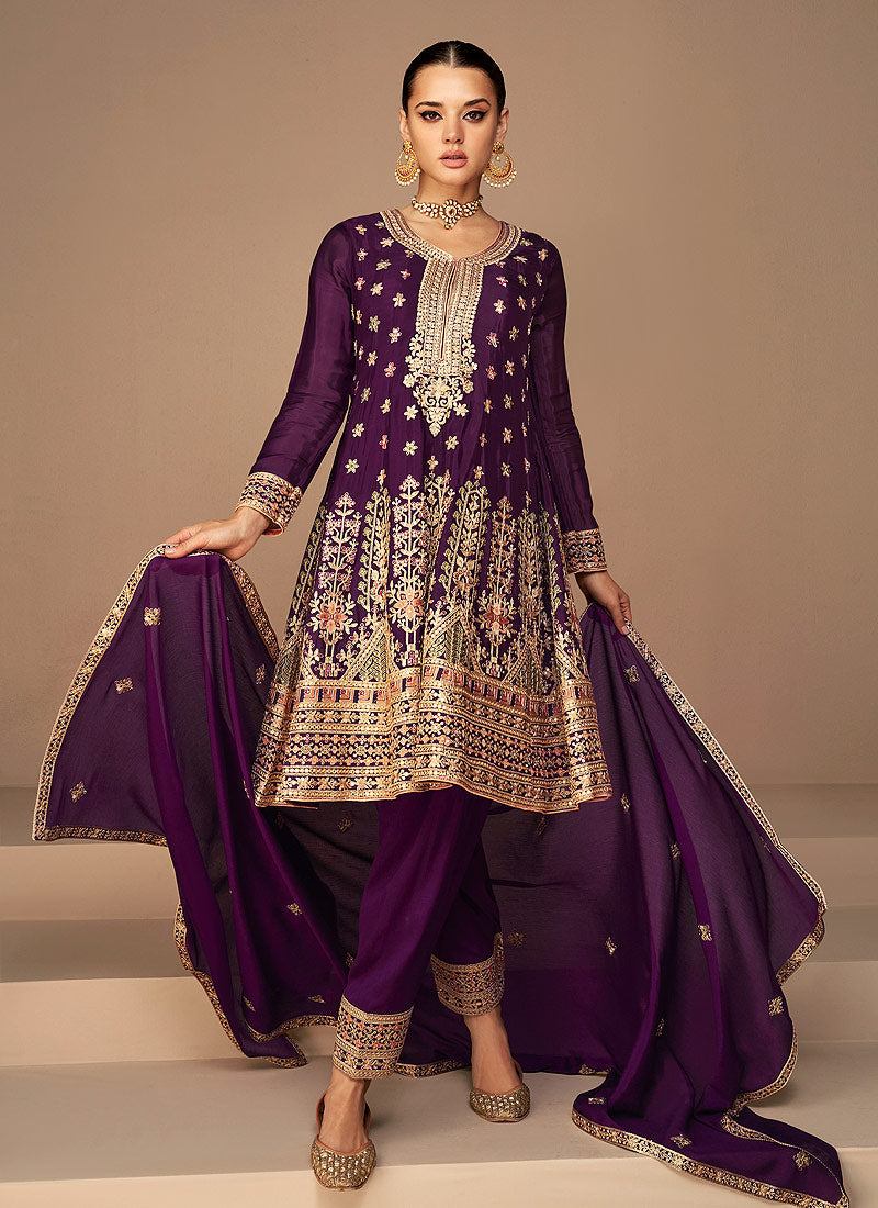 Purple and Gold Embroidered Fashionable Pant Style Suit