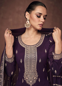 Purple and Gold Embroidered Stylish Pant Suit