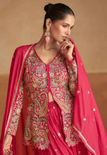 Load image into Gallery viewer, Pink threadwork embroidered jacket style palazzo suit set for women
