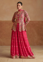 Load image into Gallery viewer, Rani pink heavy embroidered front-open peplum jacket with wide-leg palazzo pants and matching dupatta set
